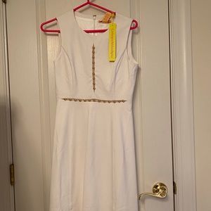 NWT white midi dress with gold sequins and mesh